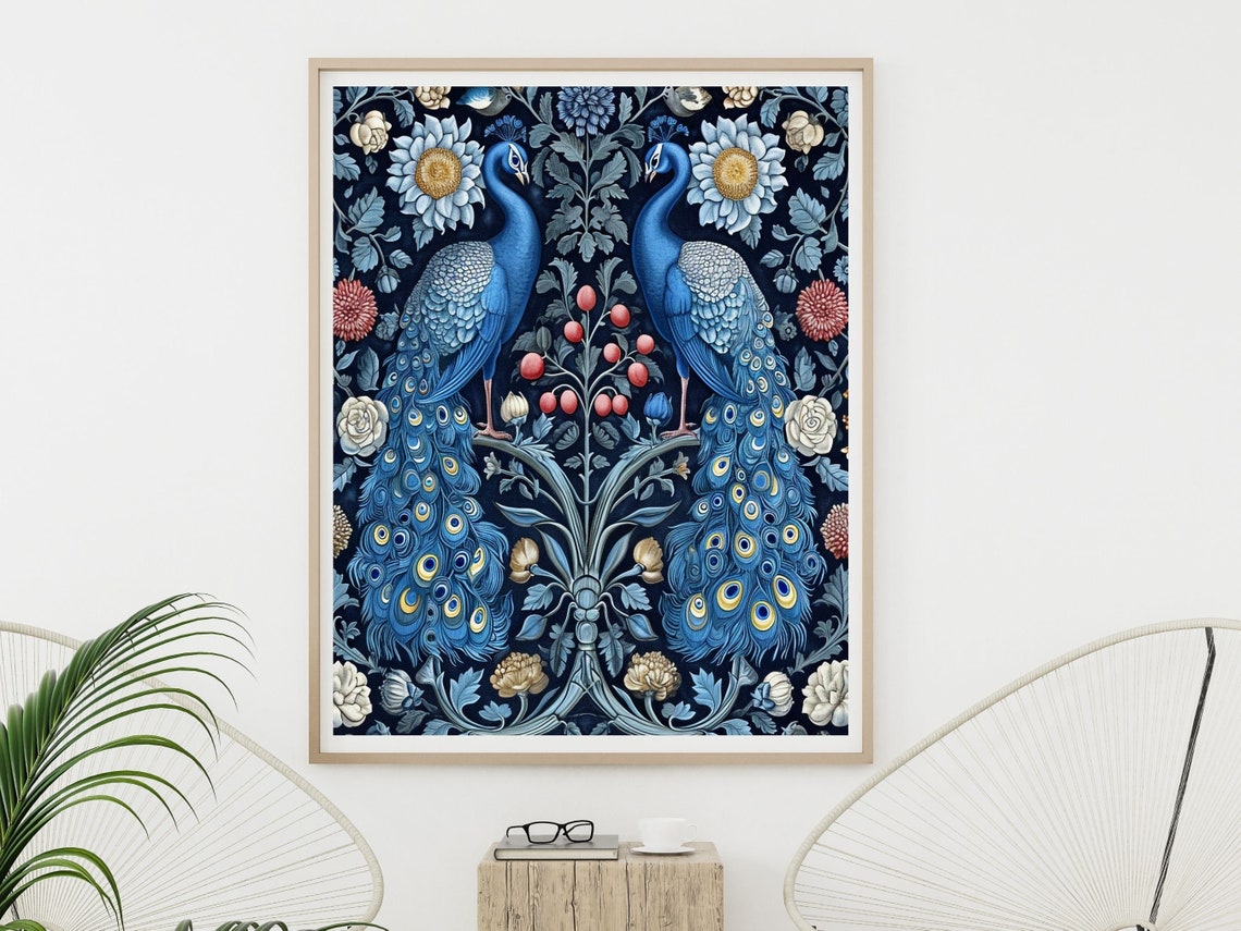 Pair Of Blue Peacocks In Floral Symmetry Dark Navy Scene Wall Art - Image 6
