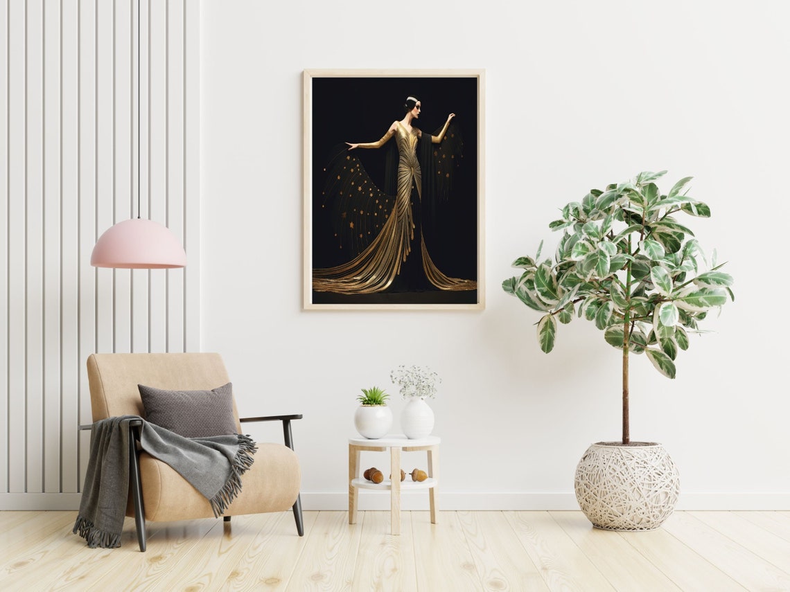 Art Deco Gold Dancer With Starry Train Against Black Night Poster - Image 3