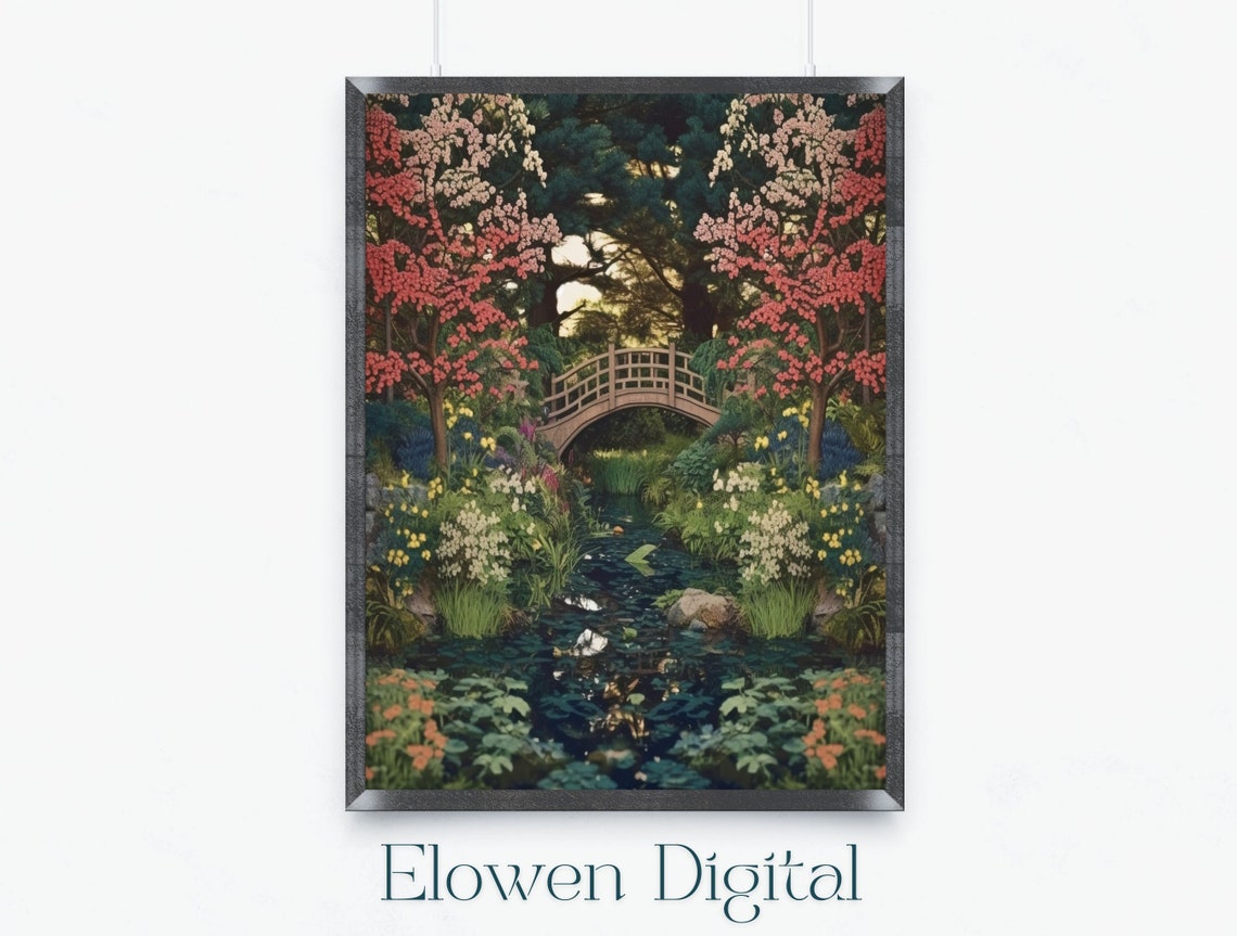 Japanese Garden With Arched Bridge and Red Autumn Trees Poster