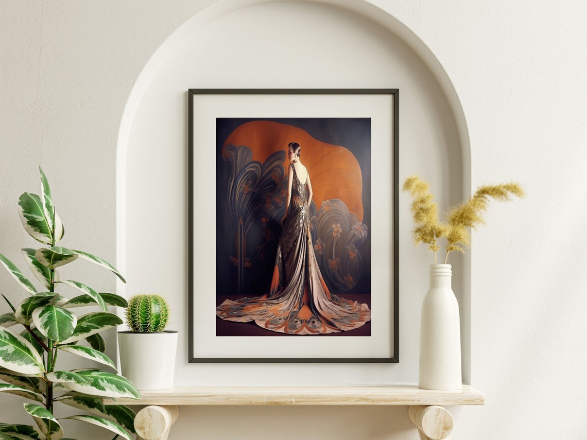 Art Deco Woman in Peacock-Feather Train Gown From Behind Poster - Image 6