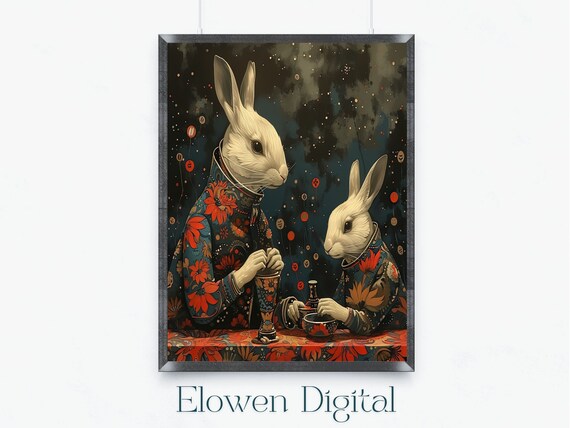 Two White Rabbits Tea Party Under A Starry Lantern Night Sky Wall Art