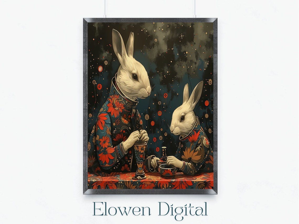 Two White Rabbits Tea Party Under A Starry Lantern Night Sky Wall Art
