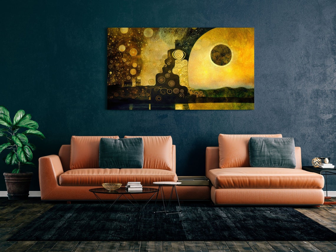 Klimt Style Golden Abstract Landscape With Moon Over Water Poster - Image 4