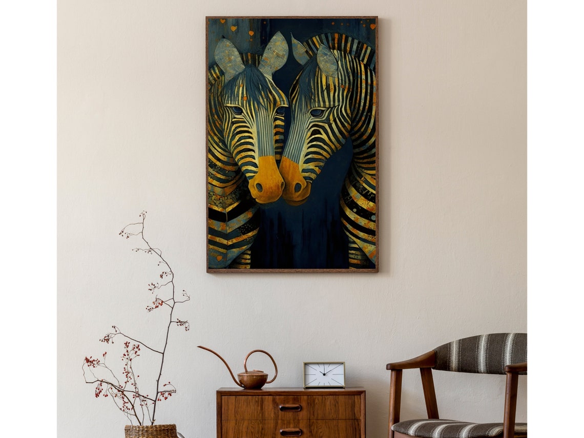Art Deco Golden Zebra Pair Touching Heads on Midnight Poster - Image 4