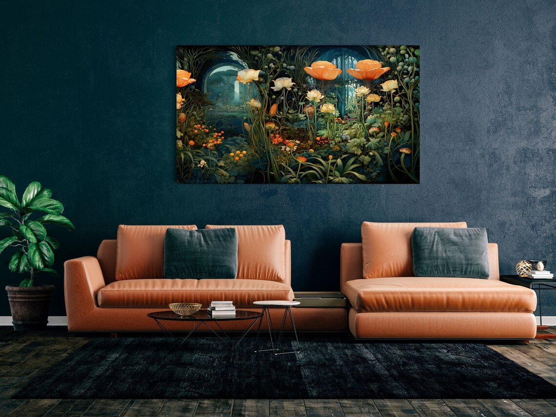 Art Nouveau Pond Flowers With Orange Poppies at Night Poster - Image 2