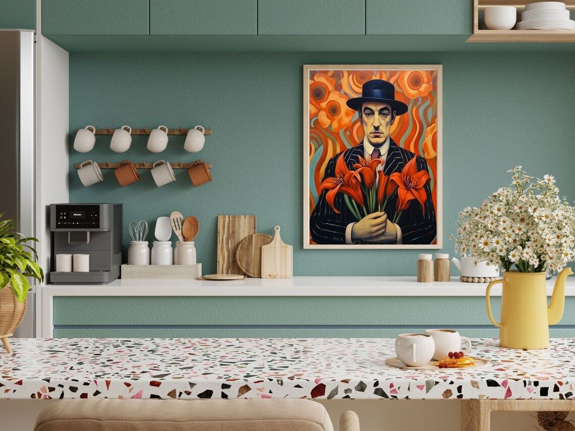 Art Nouveau Man In Pinstripe Suit Holding Red Lilies Portrait Poster - Image 4