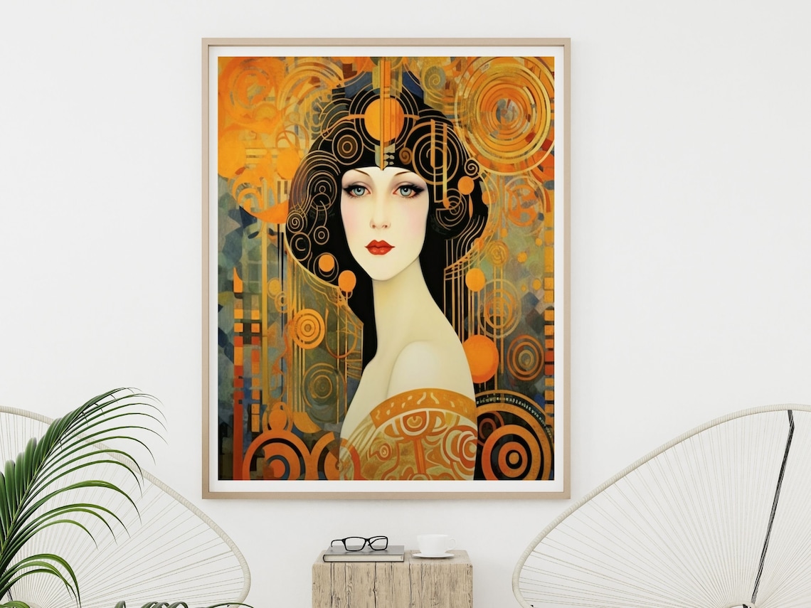 Art Nouveau Woman Portrait in Gold and Orange Swirling Patterns Poster - Image 4