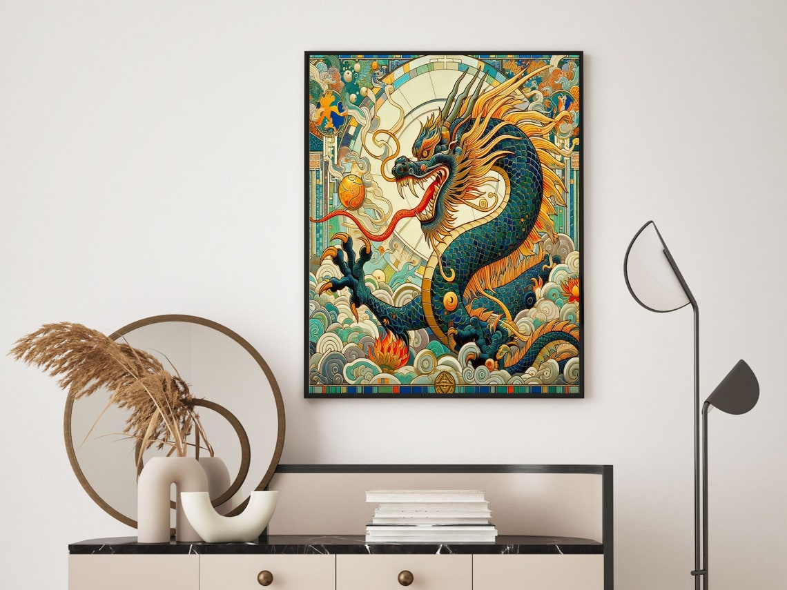Art Deco Teal Chinese Dragon With Flaming Pearl Scene Wall Art - Image 5