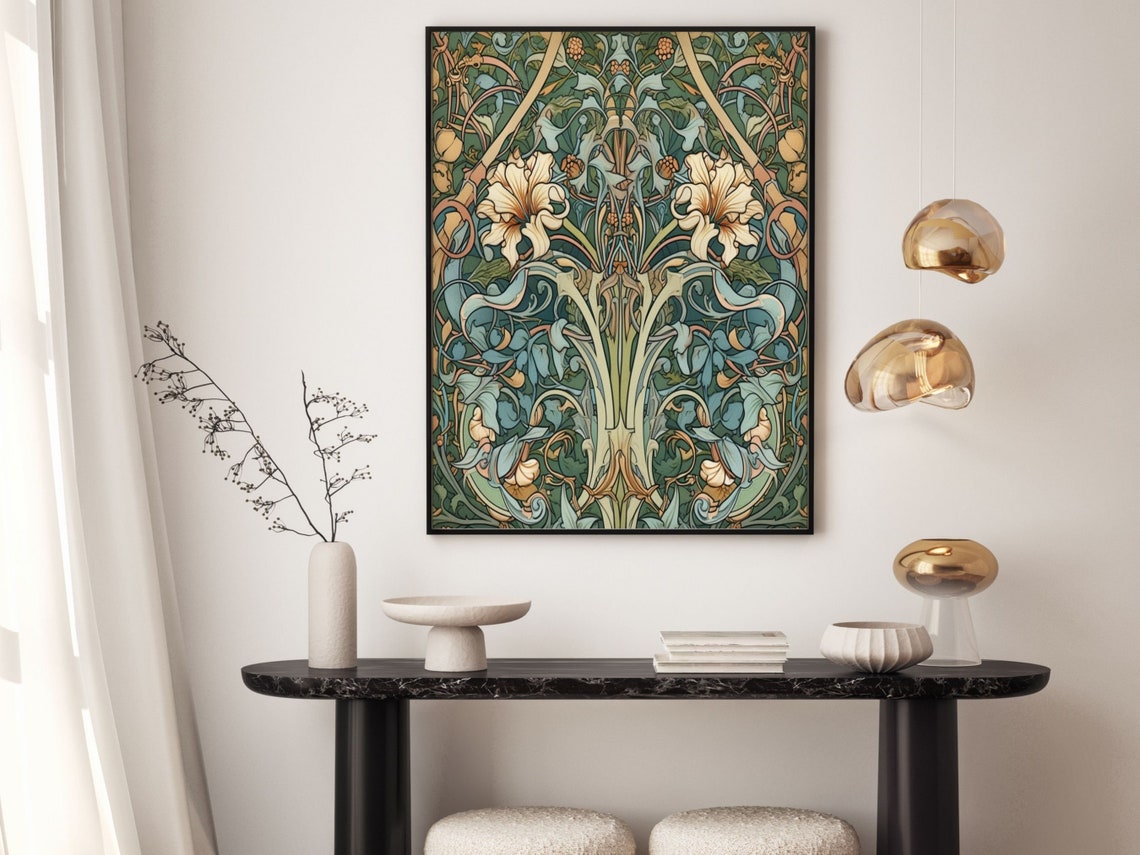 William Morris Style Lilies and Vines Botanical Pattern Wall Art - Image 5