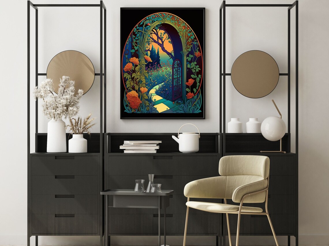 Art Nouveau Sunset Garden Arch Poppy Path Stained Glass Poster - Image 5