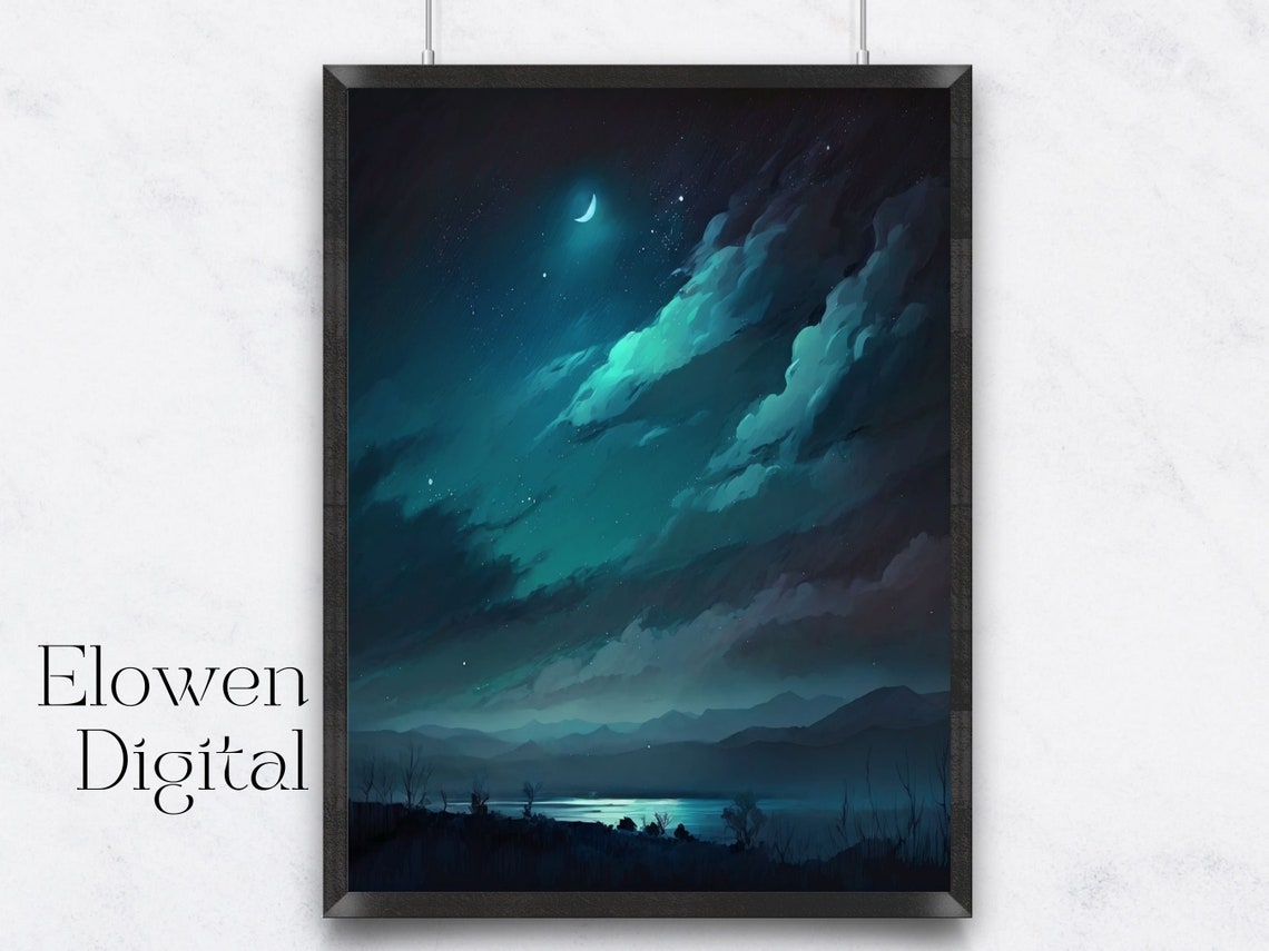 Starry Night Crescent Moon Over Mountain Lake Scenery Art Poster