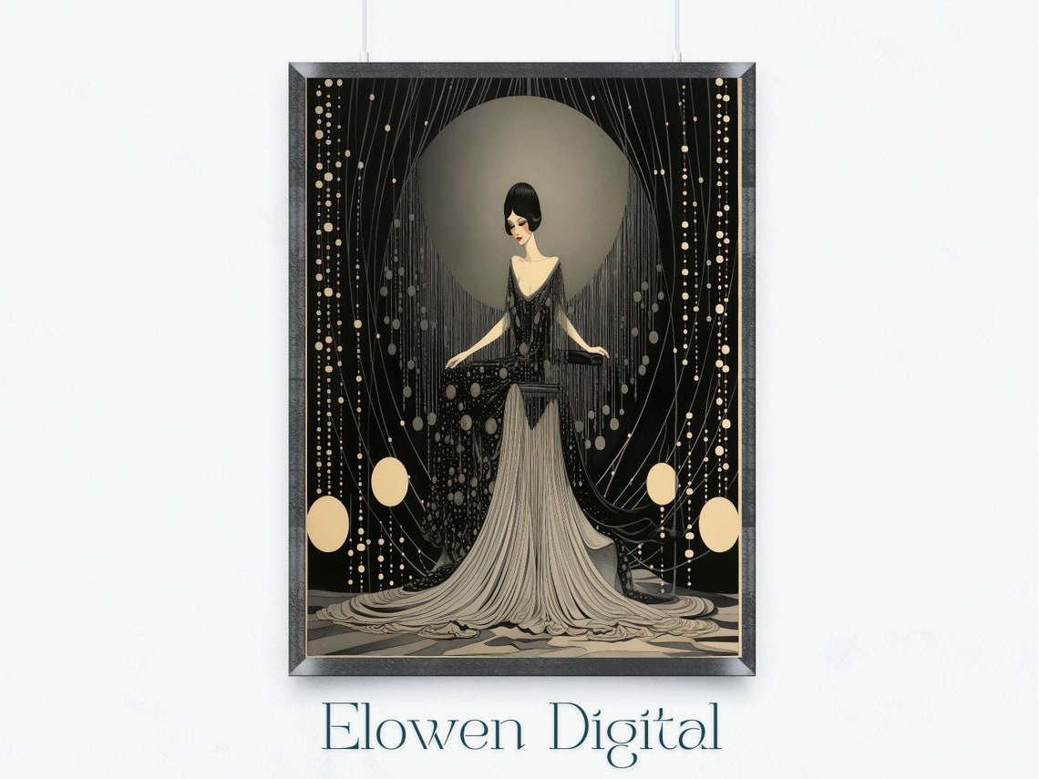 Art Deco Woman in Black Gown Under a Moonlit Night Sky Poster