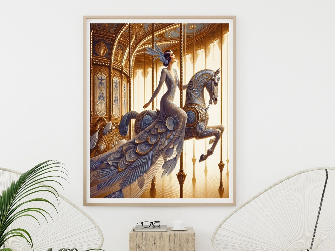 Art Nouveau Woman On A Carousel Horse Wall Art Erte Fancy Gown Art Woman In A Ball Gown On A Carousel Horse - Image 5