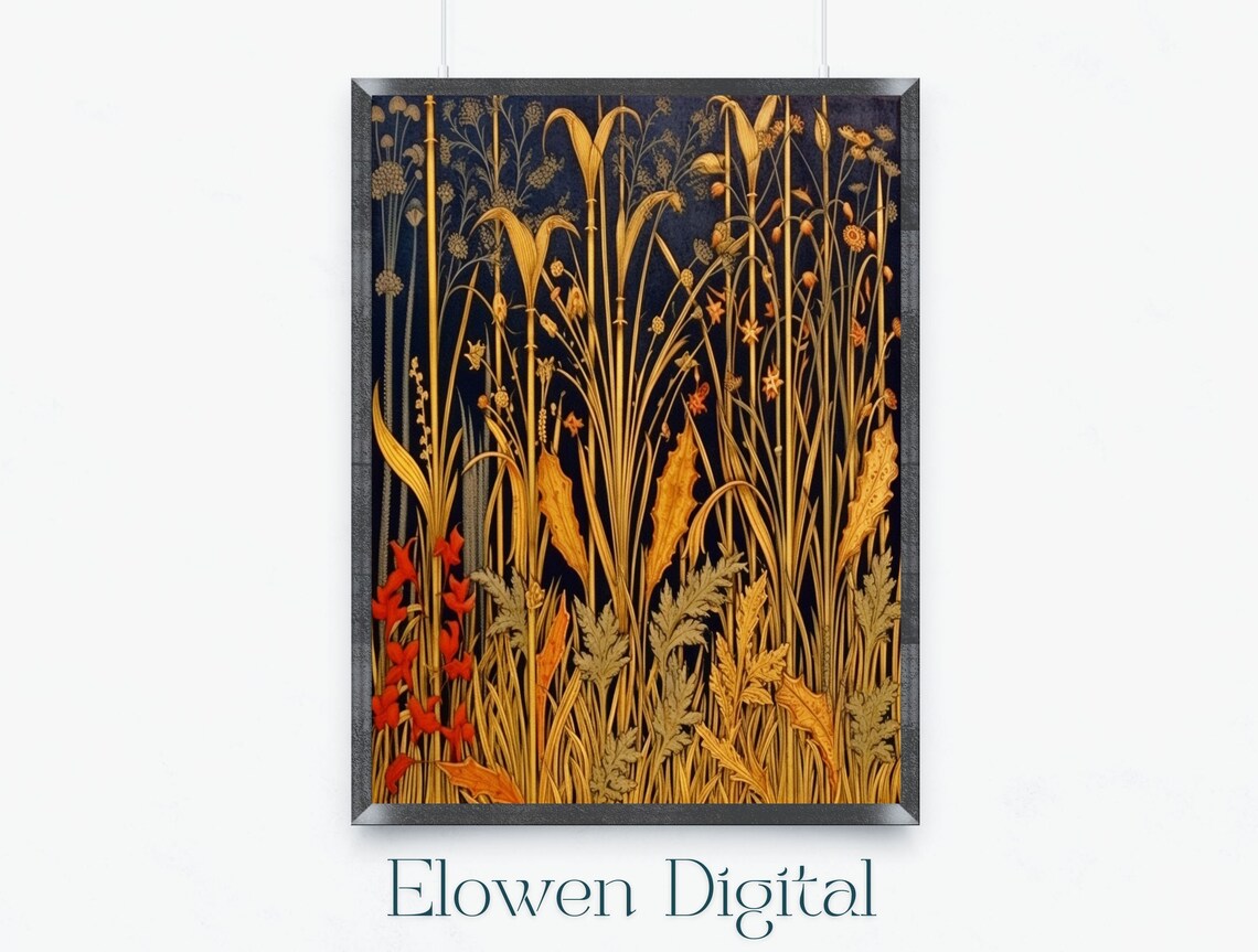 Gilded Golden Reeds Wildflowers Dark Navy Morris Style Wall Art