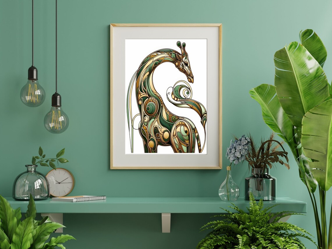 Sage Green and Gold Art Nouveau Giraffe Standing Portrait Poster - Image 5