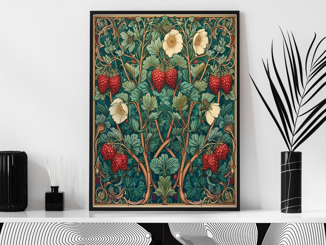 Art Nouveau Raspberry Bush With Red Berries Botanical Poster - Image 5