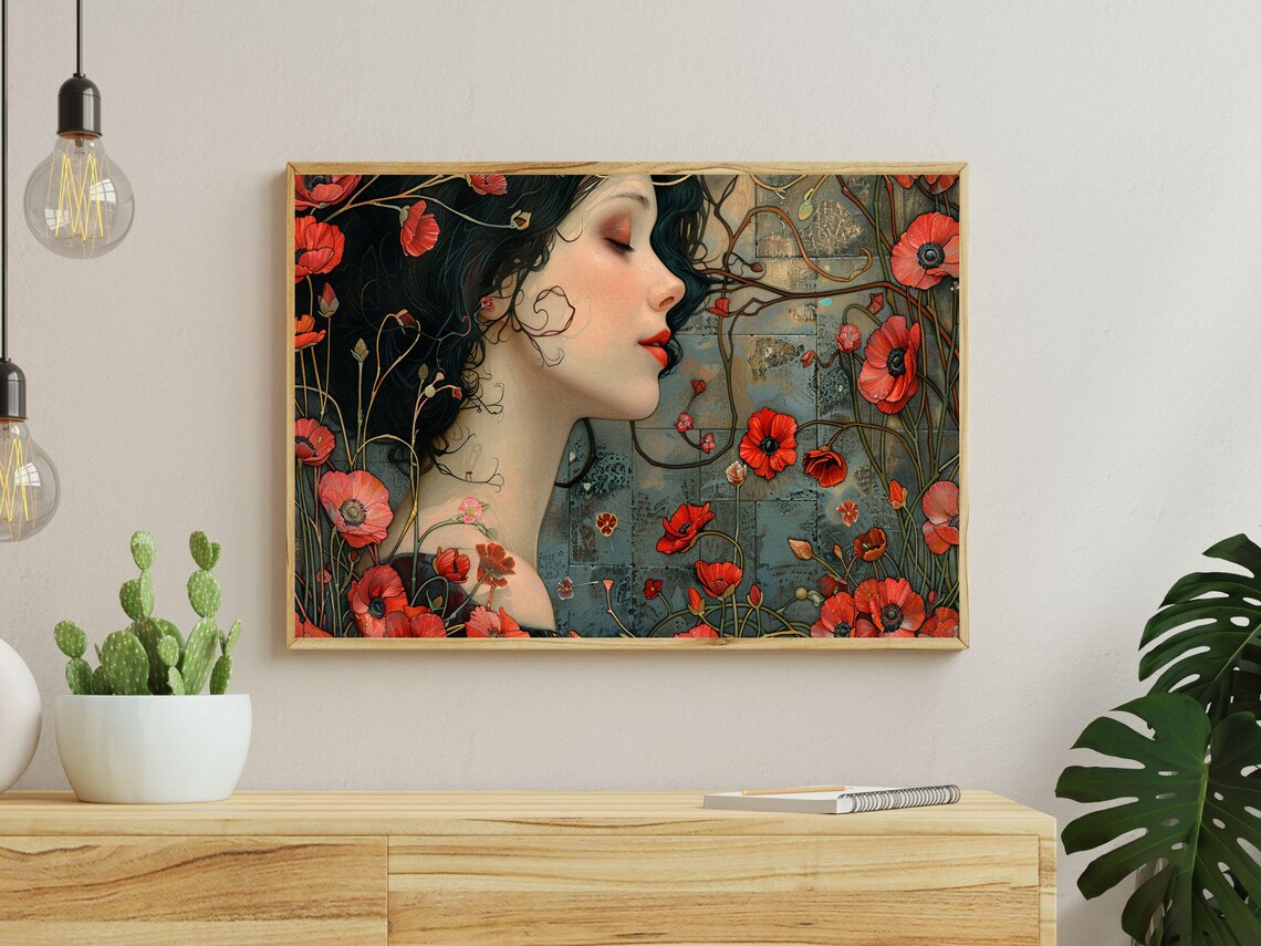 Art Nouveau Woman with Red Poppies Profile Botanical Wall Poster - Image 2