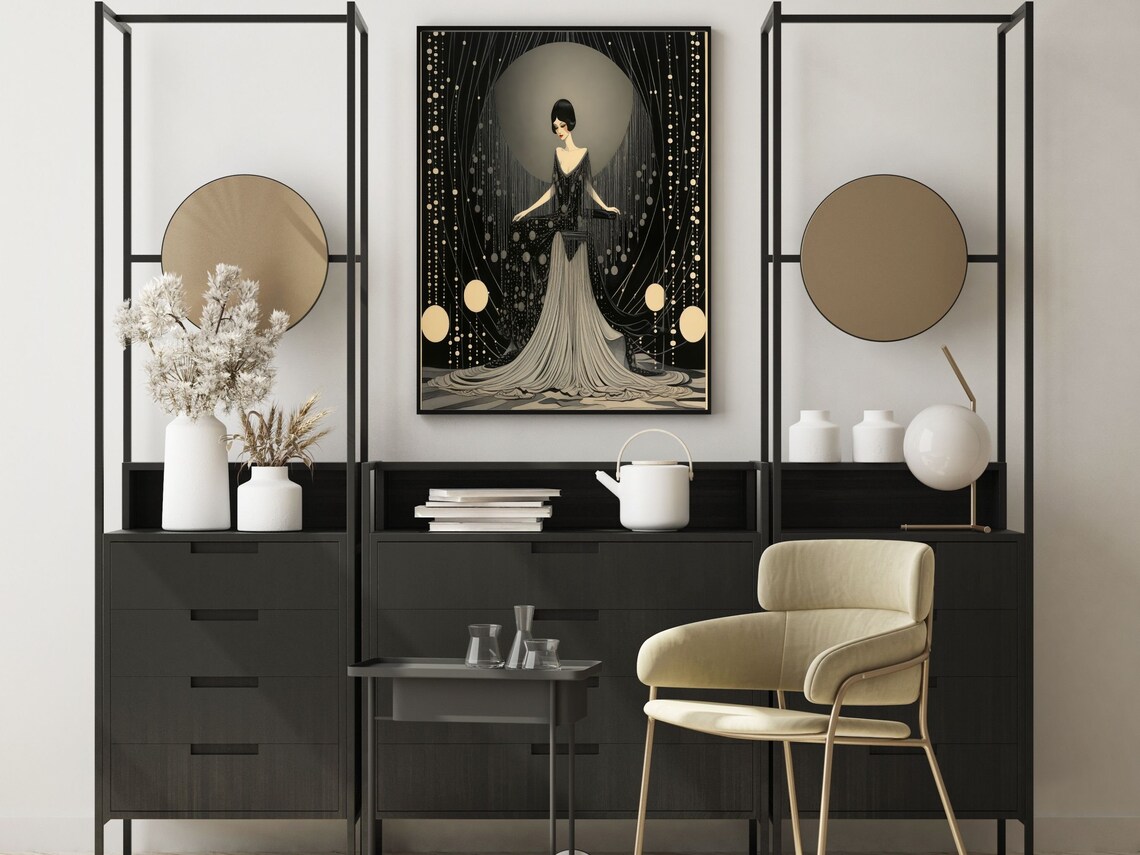 Art Deco Woman in Black Gown Under a Moonlit Night Sky Poster - Image 4