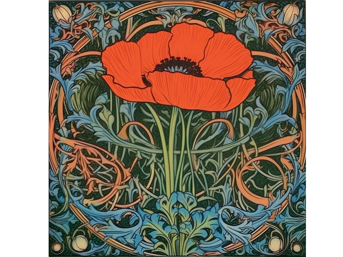 Scarlet Poppy Bloom In Ornate Blue Copper Art Nouveau Frame Wall Art - Image 6