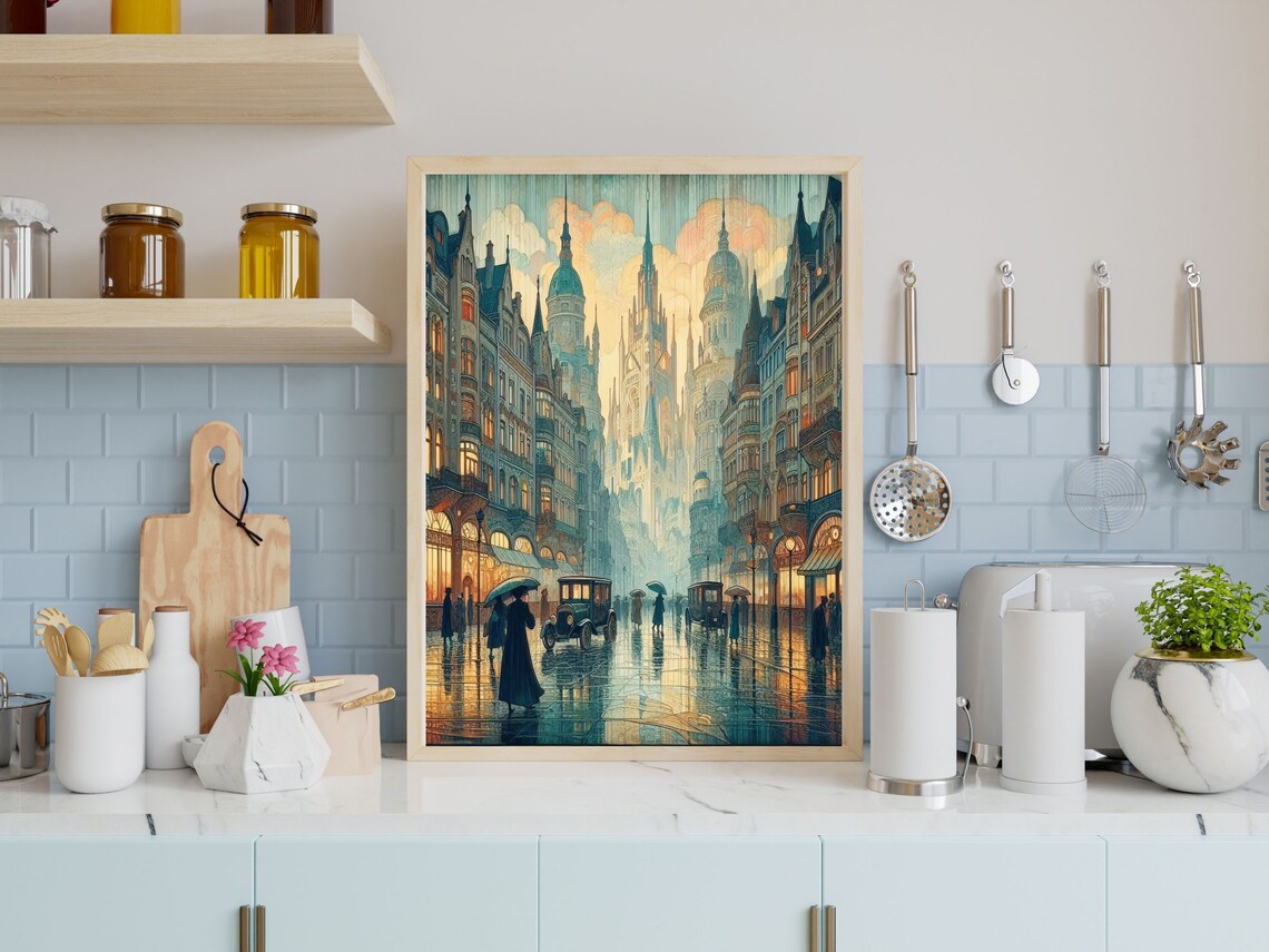 Art Nouveau Gothic City In The Rain With Three Spires Street Poster - Image 4