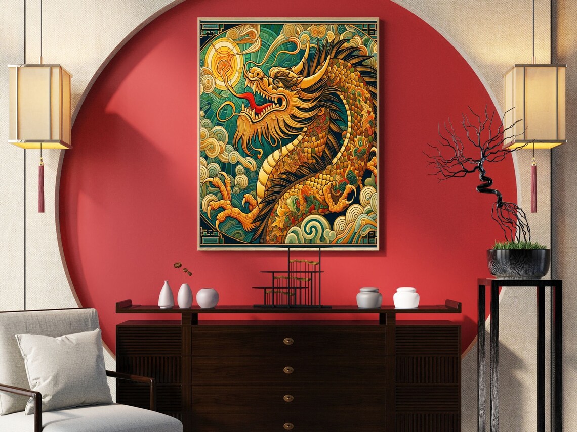 Golden Chinese Dragon With Pearl In Jade Clouds Scene Wall Art - Image 6