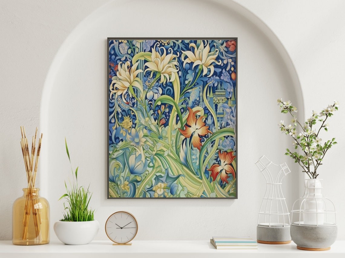 Art Nouveau Blue and Green Lily Botanical Floral Pattern Art Poster - Image 2