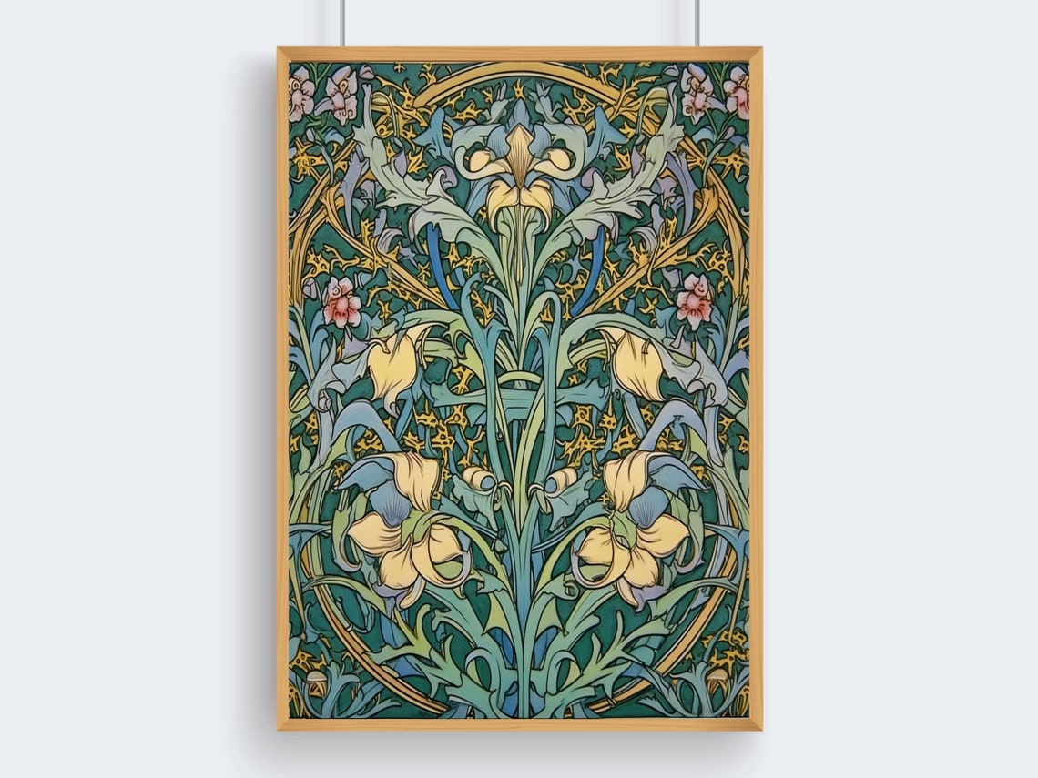 William Morris Style Iris Tapestry Pattern in Teal and Gold Poster