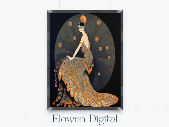 Art Deco Erte Print Art Deco Wall Art Erte Gown Art Deco Wall Art Wall Art Art Deco Style Vintage Print In Orange