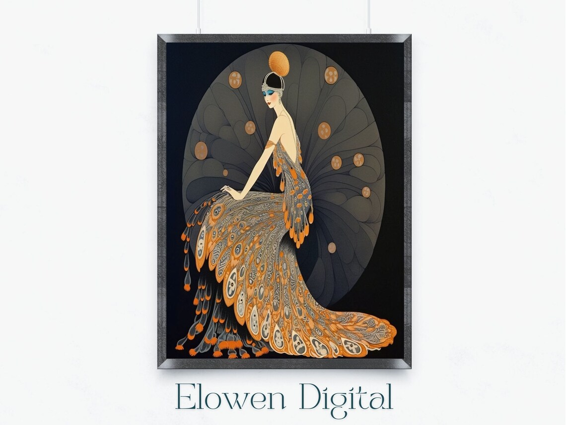 Art Deco Erte Print Art Deco Wall Art Erte Gown Art Deco Wall Art Wall Art Art Deco Style Vintage Print In Orange