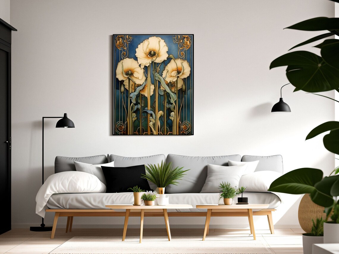Art Nouveau Pale Poppies On Deep Blue Floral Design Wall Art - Image 4