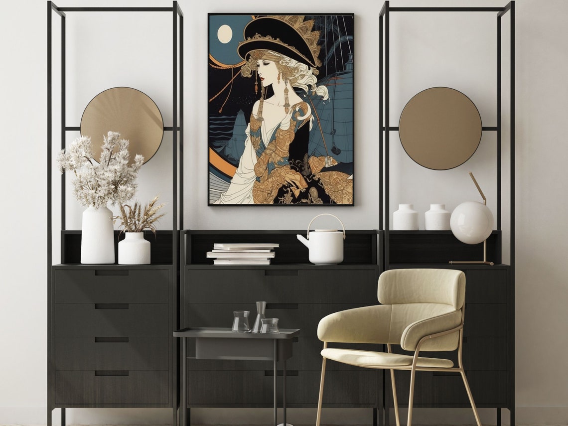 Art Deco Woman In Ornate Hat And Gold Gown Under Night Moon Poster - Image 2