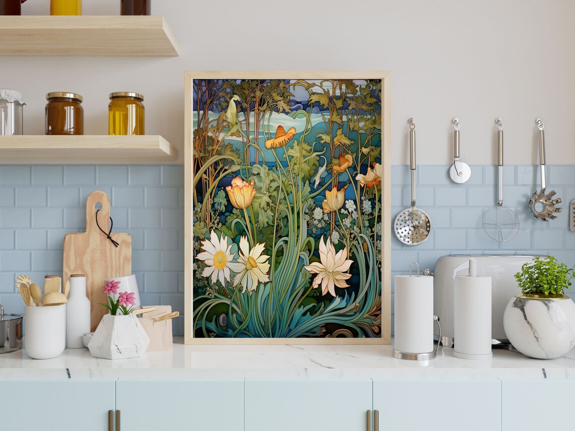 Art Nouveau Daisies And Tulips In Teal Green Floral Scene Poster - Image 3