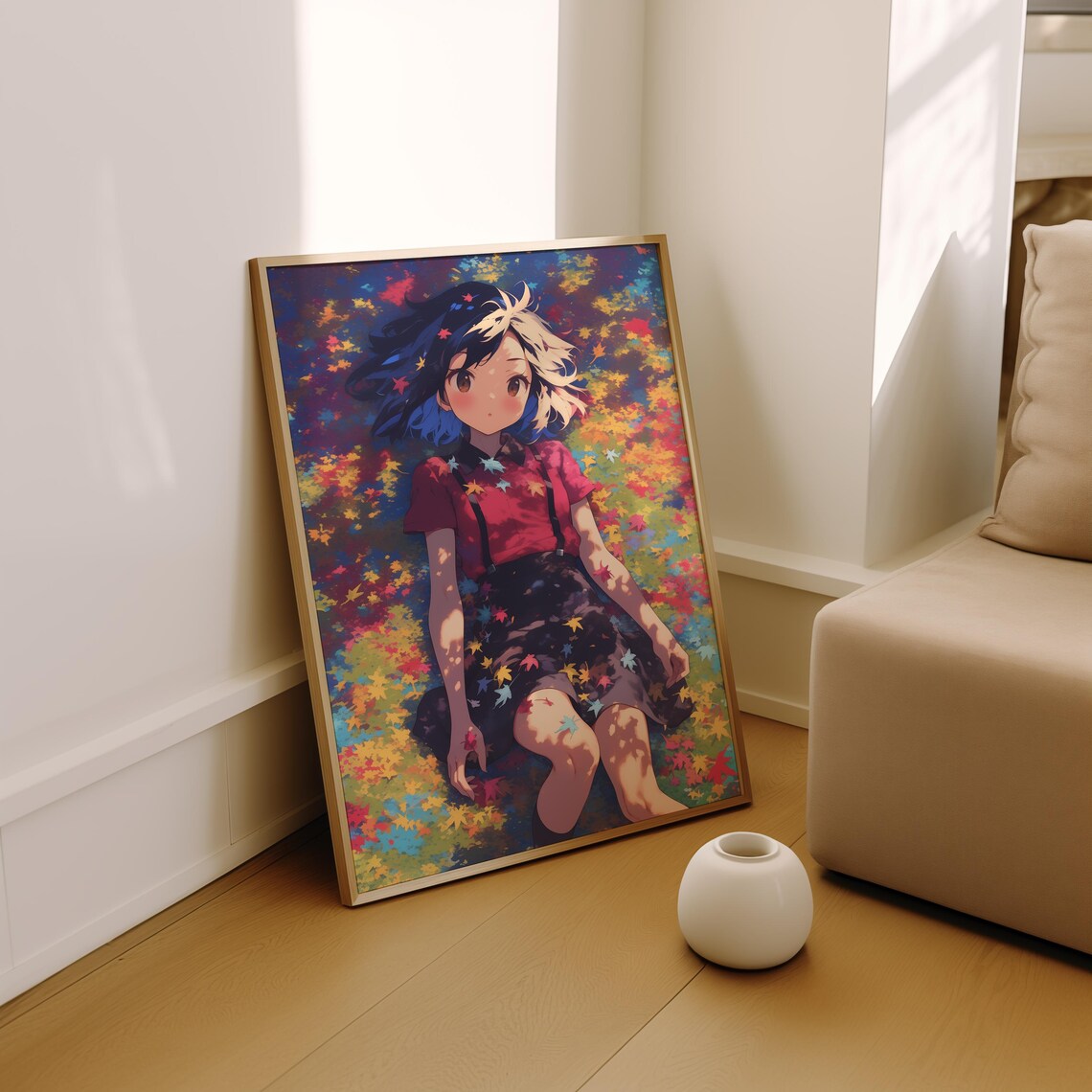 Happy Anime Girl Lying Smiling in Colorful Falling Leaves Poster - Image 2
