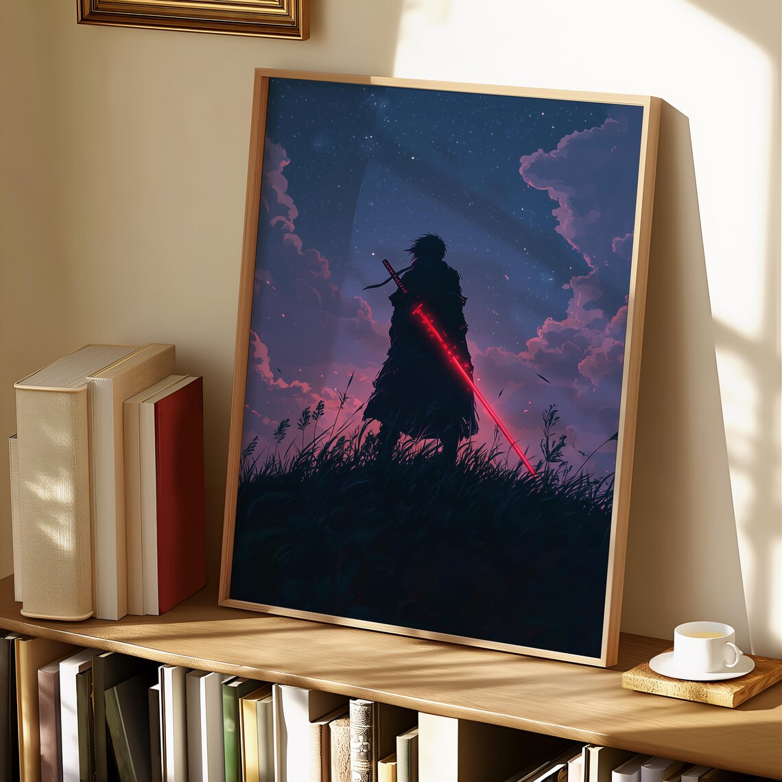 Fantasy Samurai Warrior Glowing Red Sword Starry Night Silhouette Poster - Image 4