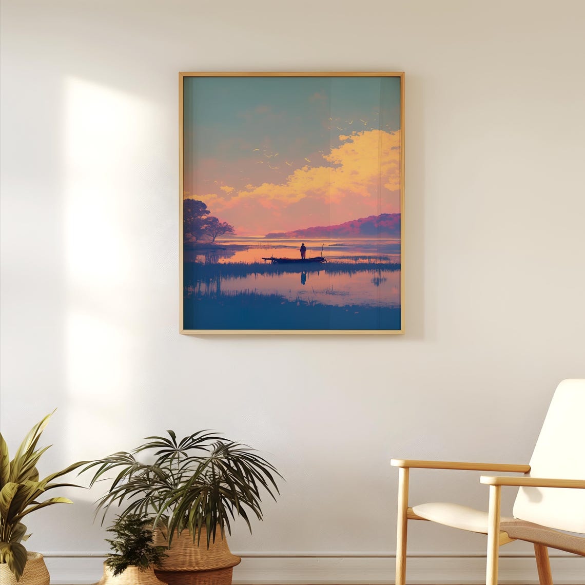Lone Fisherman Sunset Lake Boat Reflection Orange Sky Poster - Image 4