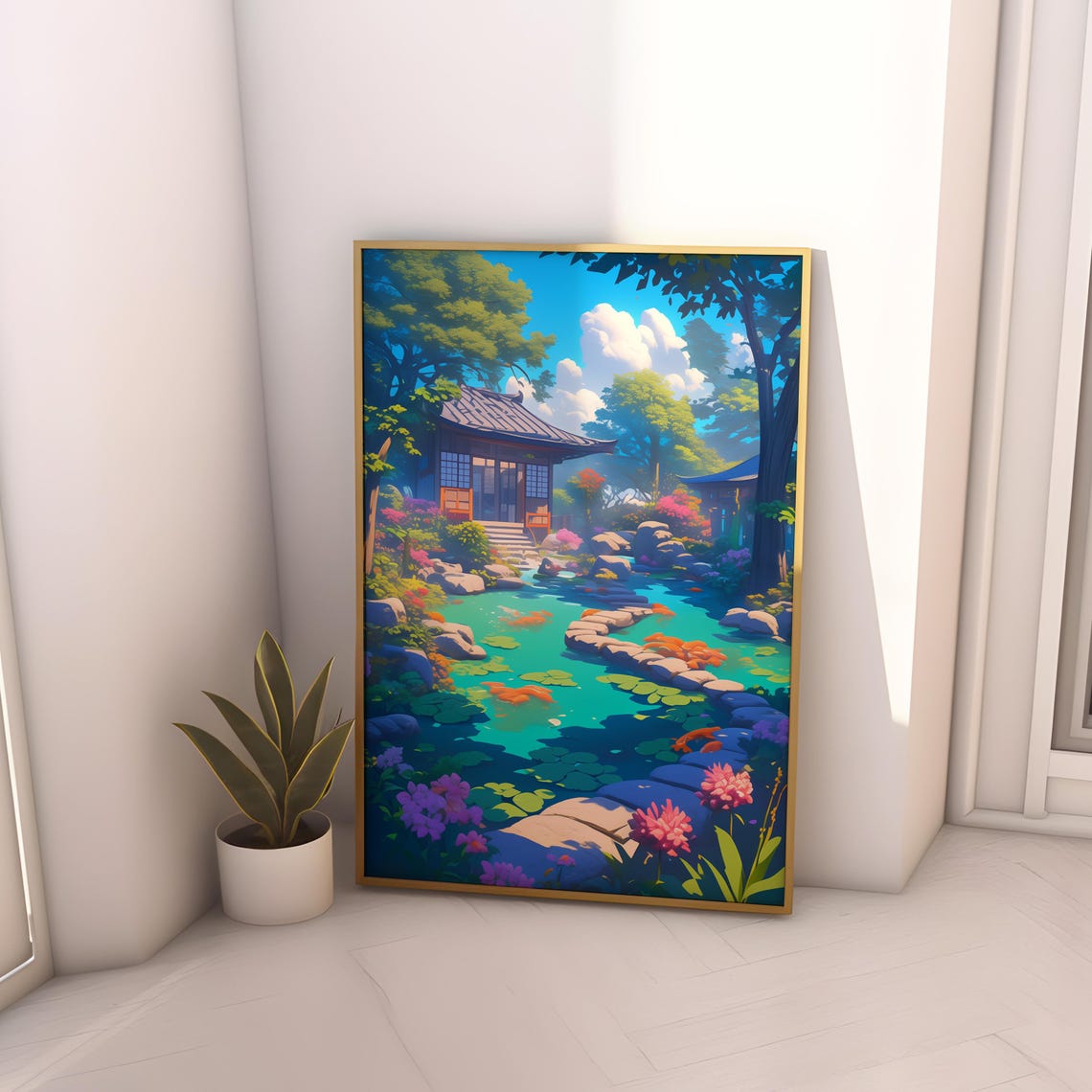 Japanese Garden Koi Pond With Temple Hall Anime Scene Poster - Image 4