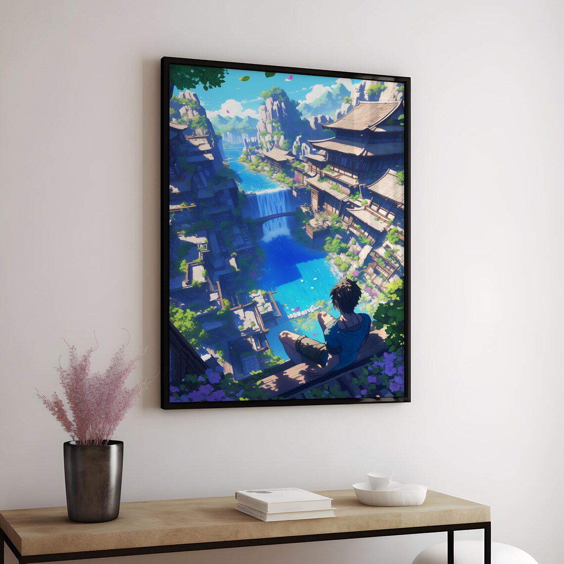 Anime Boy Overlooking Fantasy Cliff Village Waterfall Poster - Image 3