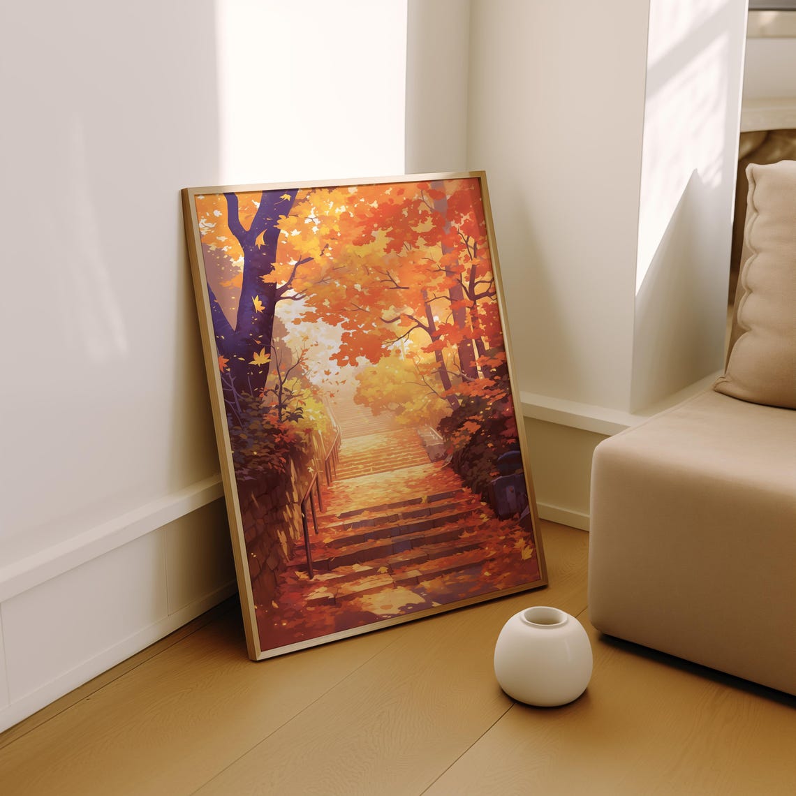 Autumn Maple Forest Stone Staircase Falling Leaves Glow Poster - Image 2