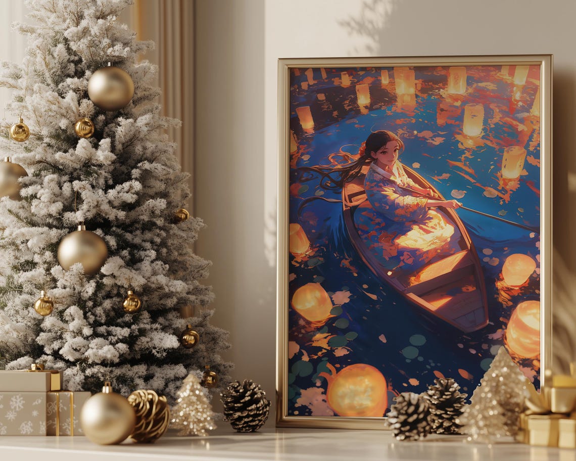 Japanese Kimono Girl Rowing Boat Floating Lanterns Night Water Poster - Image 4
