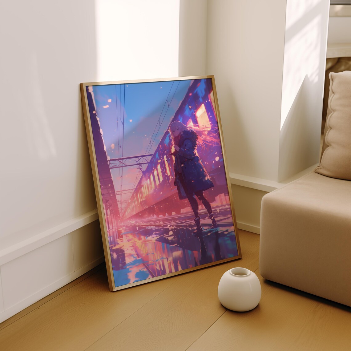 Anime Girl Snowy Train Station Sunset Pink Winter Tracks Poster - Image 2
