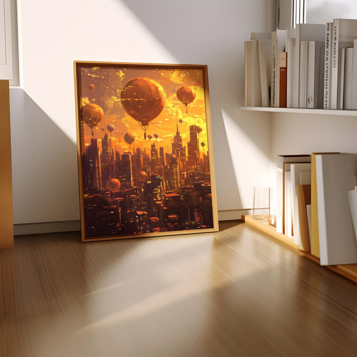 Golden Sunset Futuristic City Hot Air Balloons Warm Urban Art Poster - Image 4