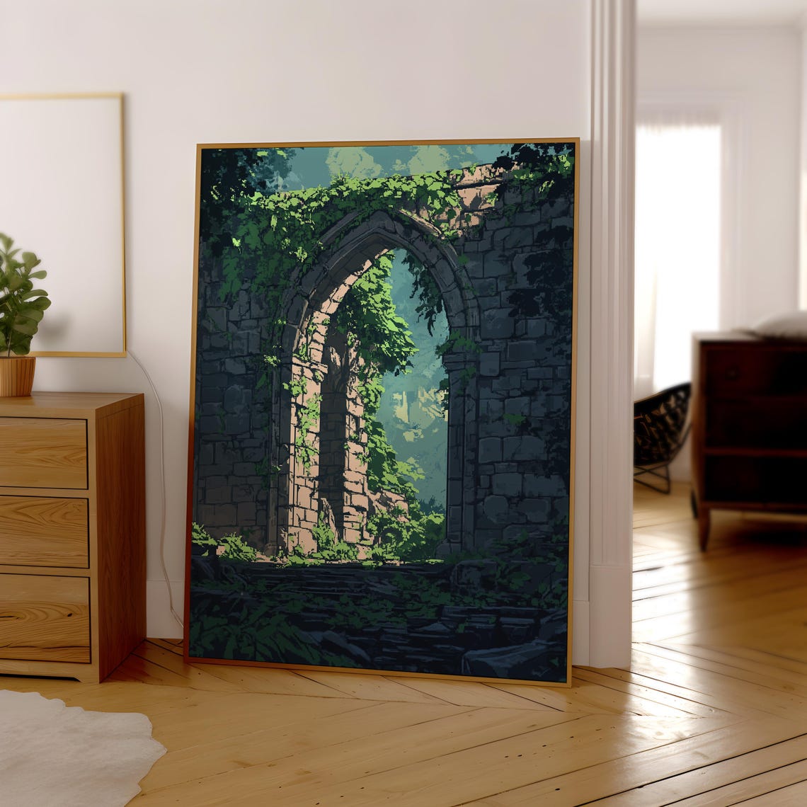 Pixel Art Ancient Stone Archway Ivy Overgrown Forest Ruins Poster - Image 4