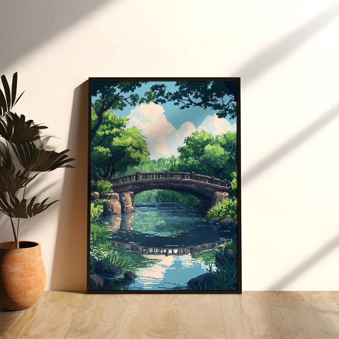 Pixel Art Wooden Bridge Forest Pond Serene Nature Landscape Poster - Image 2