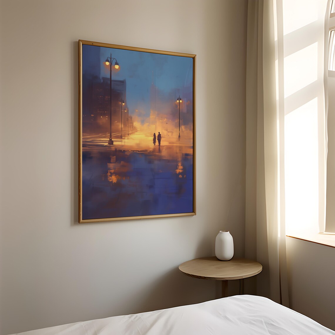 Romantic Couple Silhouette Golden Dusk Foggy Evening Street Poster - Image 2