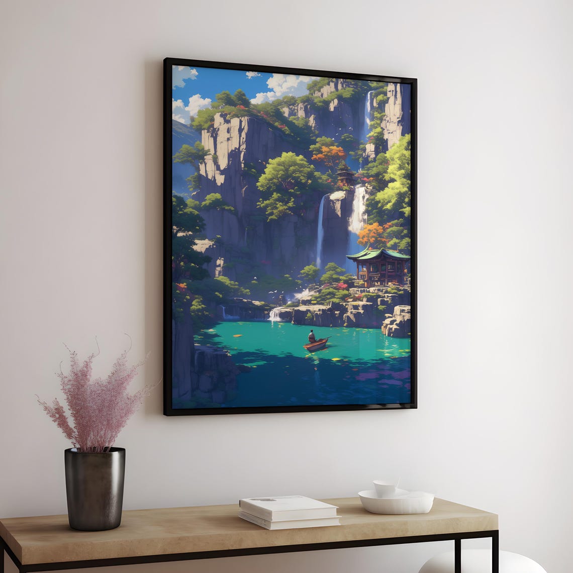 Anime Cliffside Waterfall Pavilion Turquoise Lake Boat Poster - Image 3