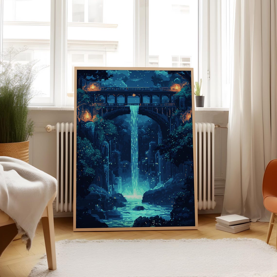 Pixel Art Night Waterfall Stone Bridge Mystical Lanterns Poster - Image 2
