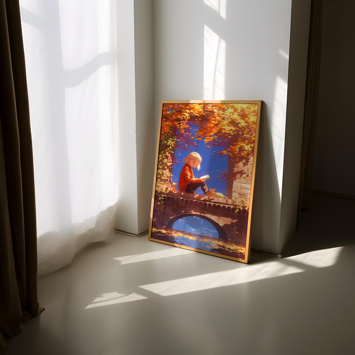Cozy Anime Girl Reading on Old Stone Bridge in Autumn Poster - Image 2