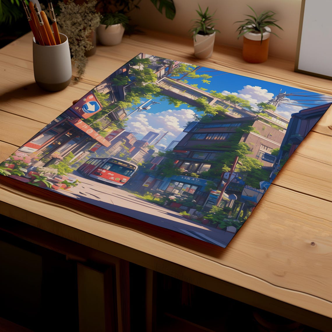 Red Bus on Leafy Vine Covered City Street Anime Scene Poster - Image 2