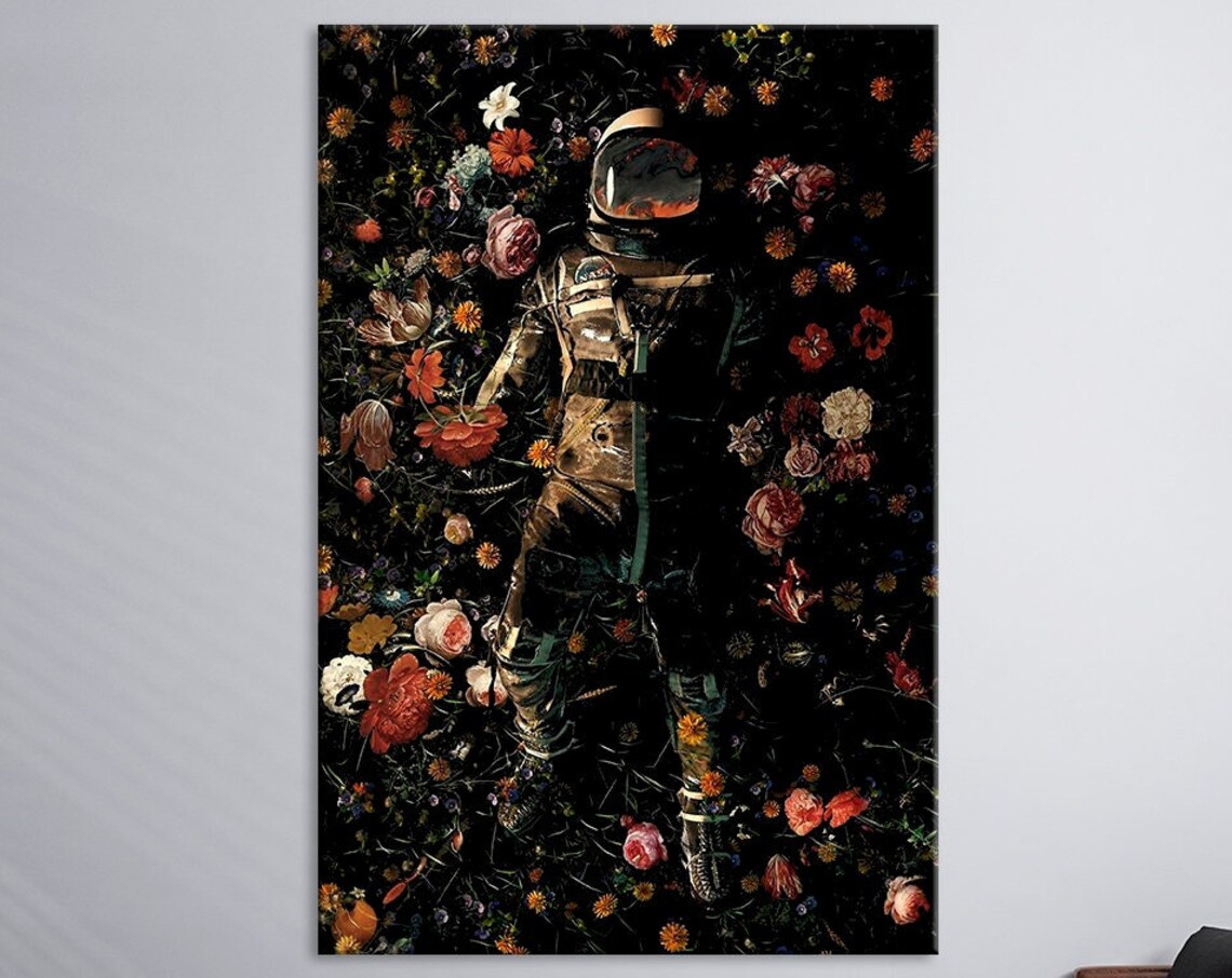 Astronaut NASA Spacesuit Dark Flower Field Surreal Space Floral Art Poster