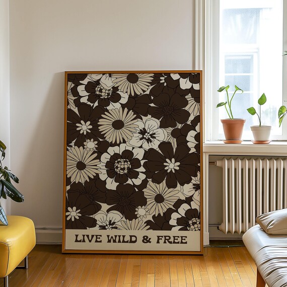 Live Wild And Free Retro Floral Quote Poster 70s Boho Wall Decor Art